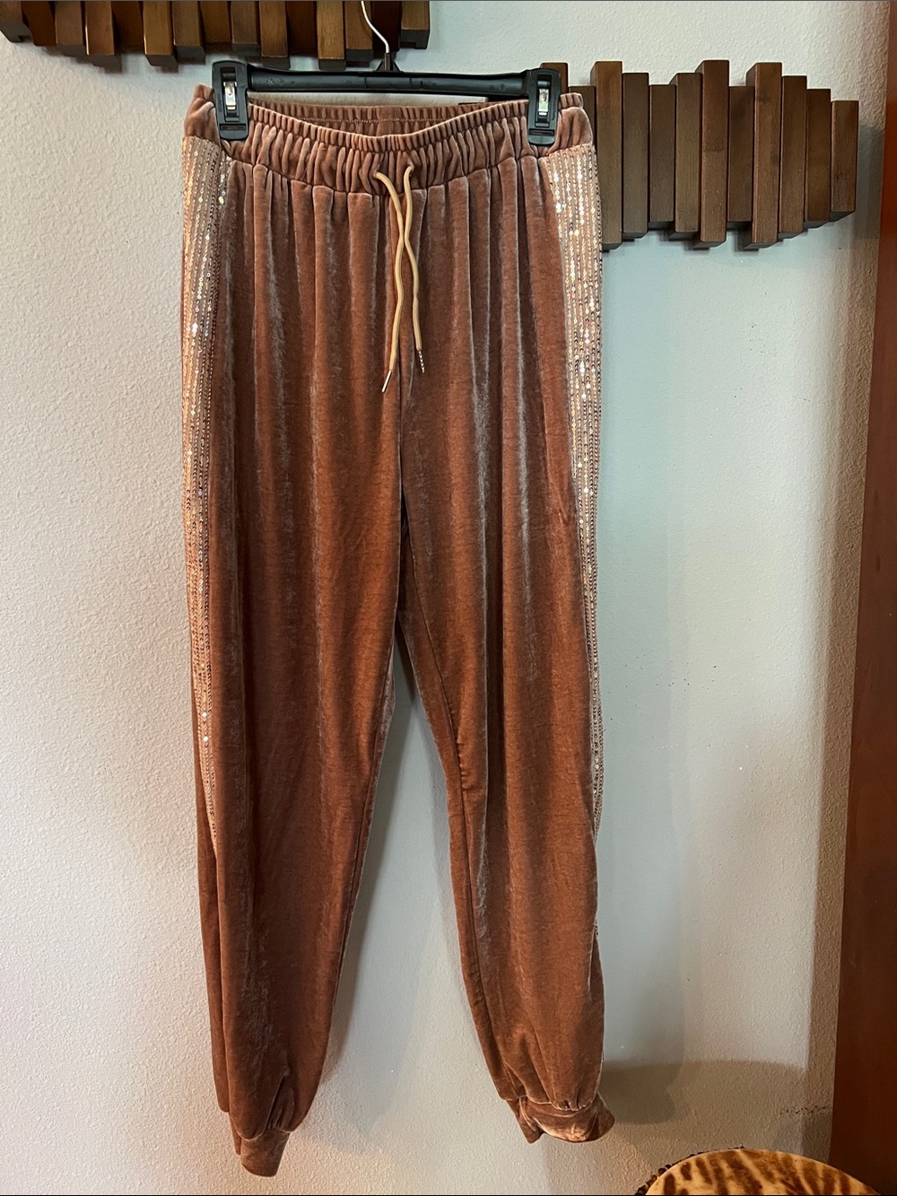Source Unknown Rose Brown Velour Joggers with Sequin Side Stripes